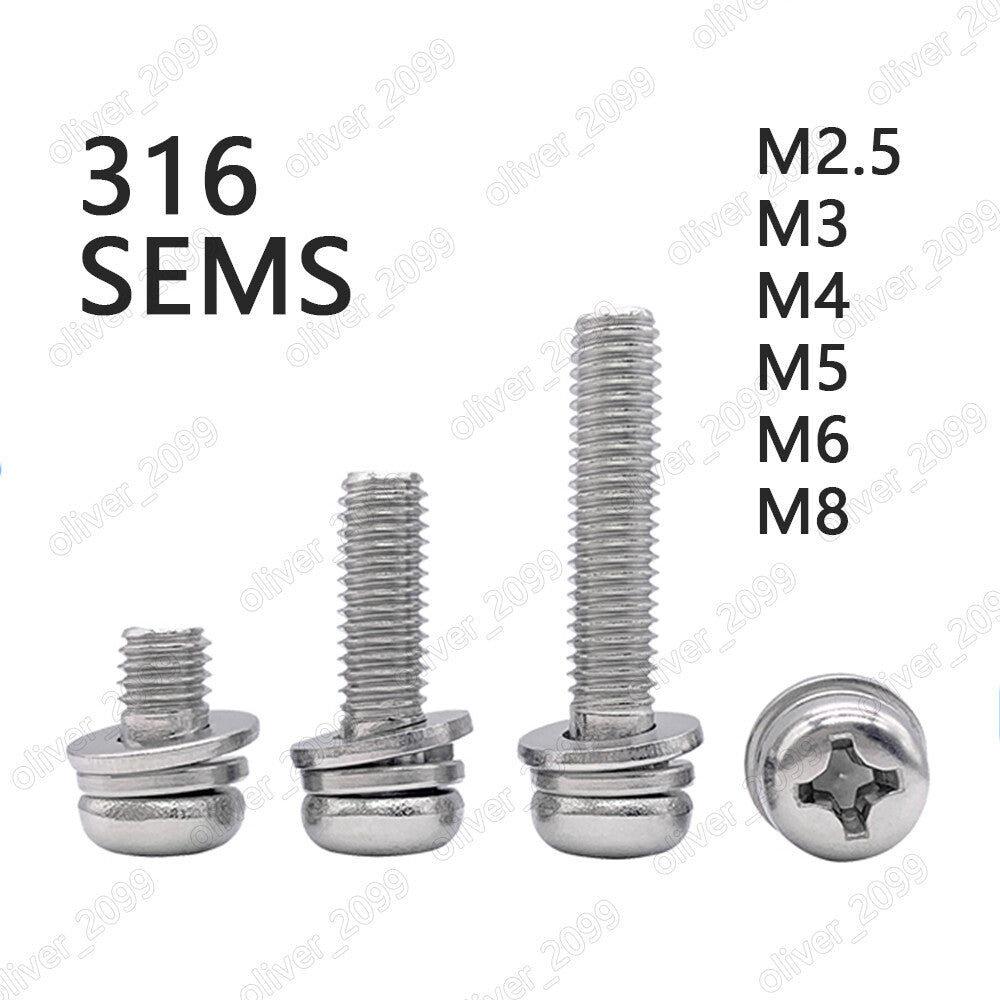 316 Stainless Steel Phillips Pan Head SEMS Screws Flat Spring Washers M2.5-M8