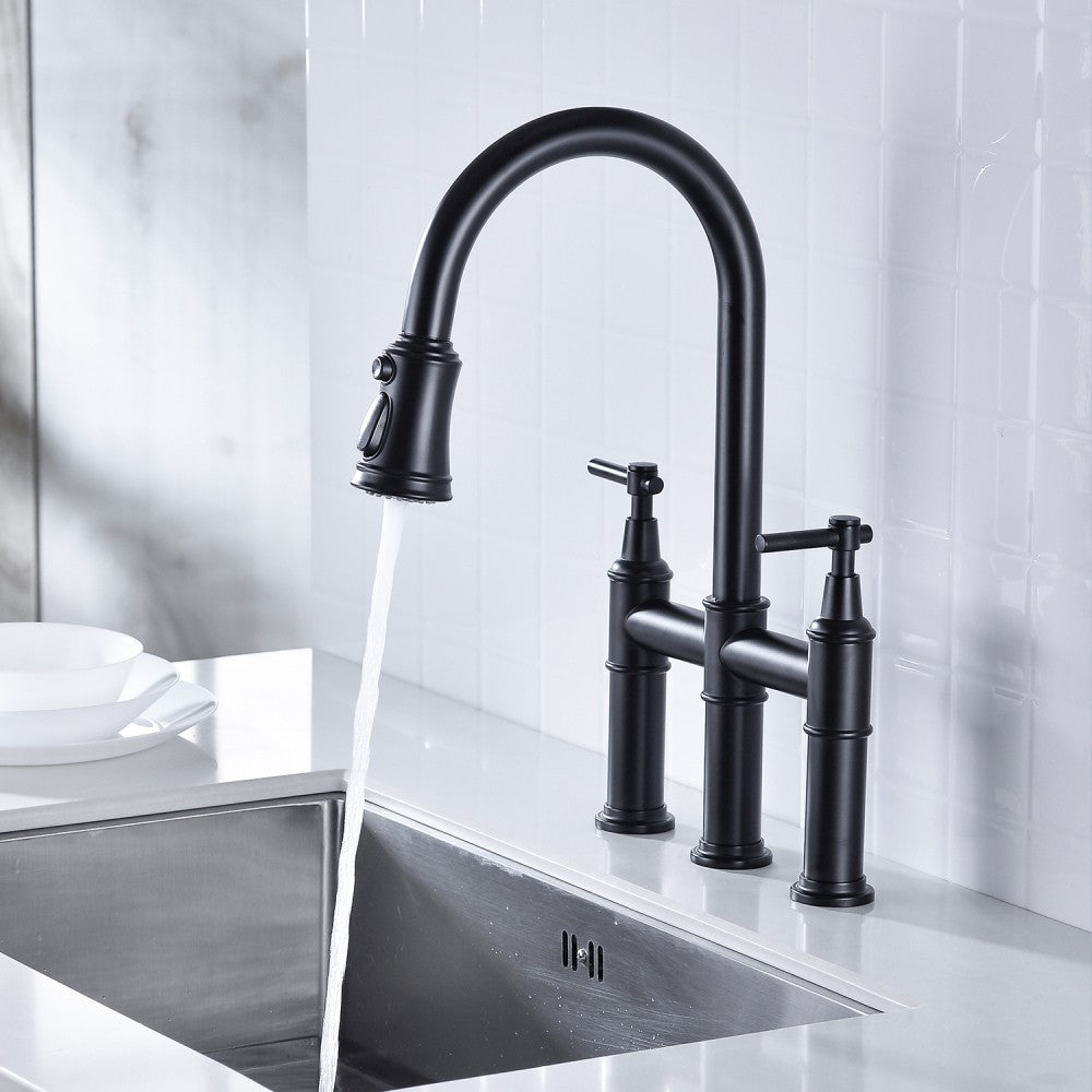 ya 28 Bridge Kitchen Faucet Matte Black with Pull Down Sprayer 360-degree Rotation