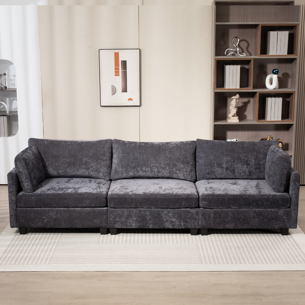 ya 28 3-Seater Dark Grey Chenille Sofa 111.42*32.28,w/Ultra-soft Cushions&Side Pocket