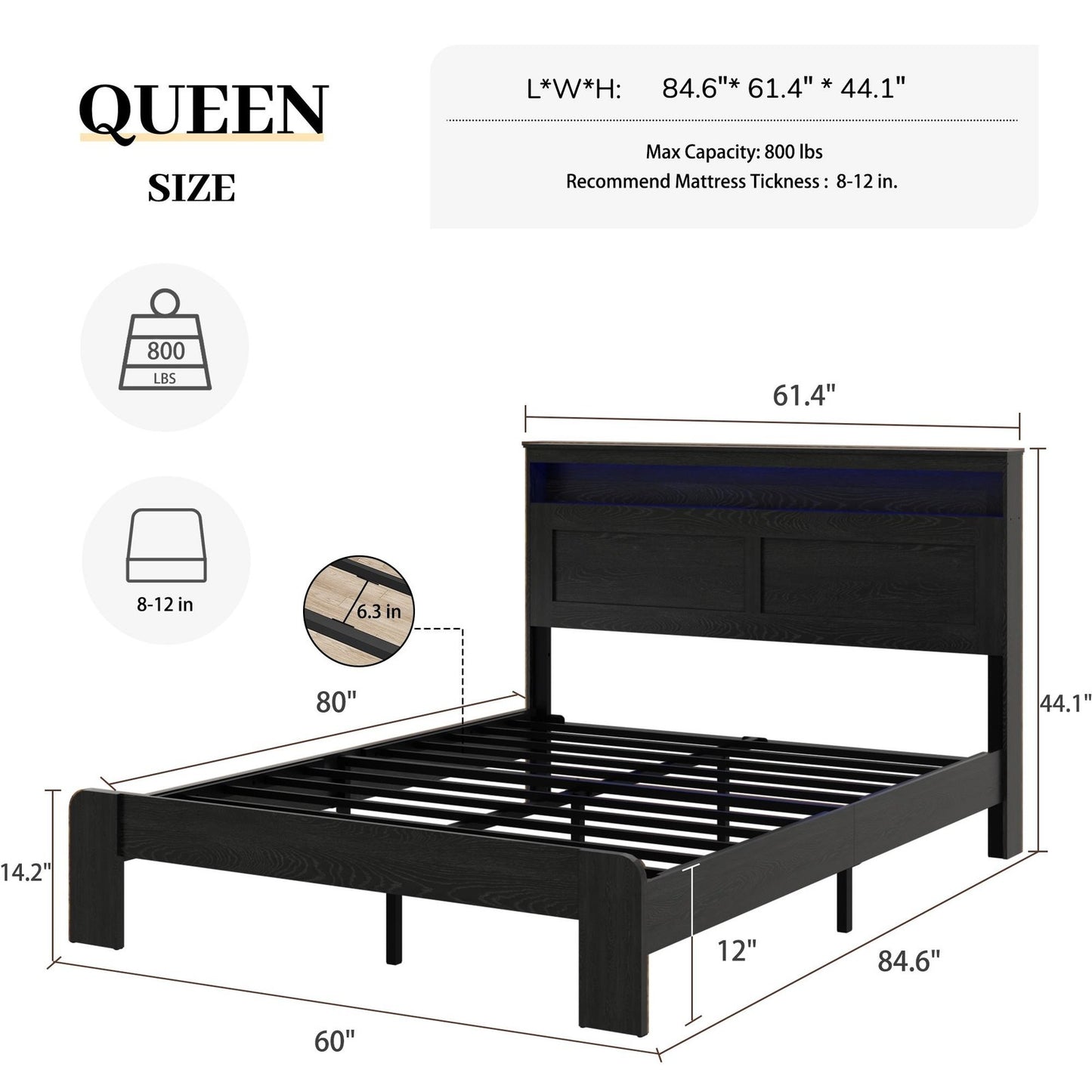 ya 28 Queen Bed Frame with Storage & LED Headboard | 2 USB Ports No Box Spring Needed