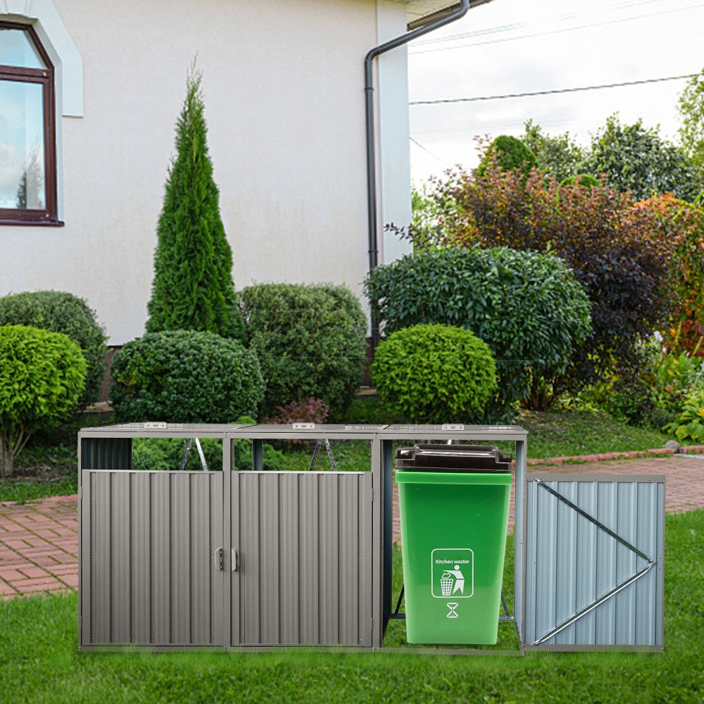 ya 28 Grey Metal Outdoor Bin Shed Store 3Trash Cans for Garbage Storage