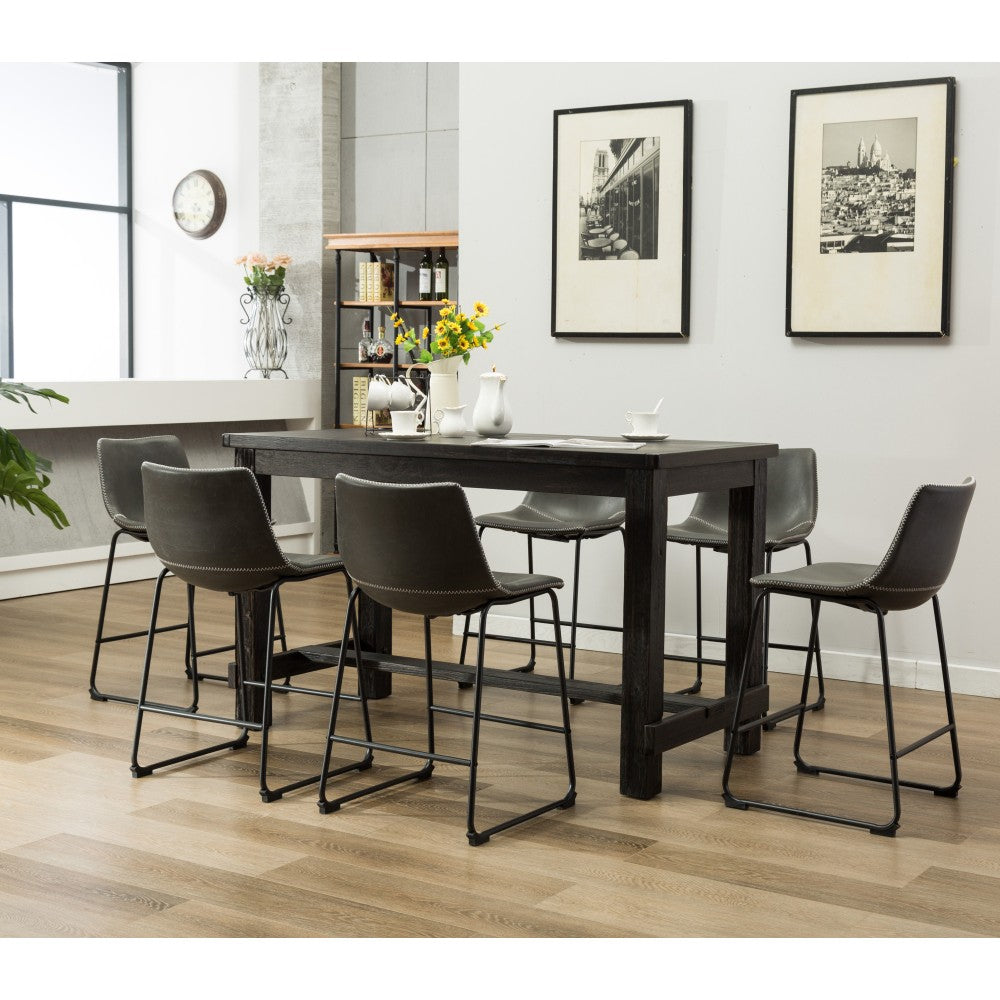 ya 28 Antique Wood Finish Counter Height 7pc Dining Set - 1 Table + 6 Gray Chairs