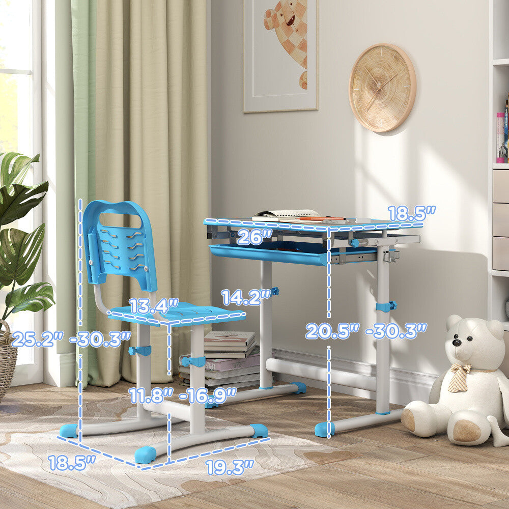 ya 28 Blue Kids Height Adjustable Desk&Chair Set,Tilt Desktop,Storage Drawer,Pen Slot