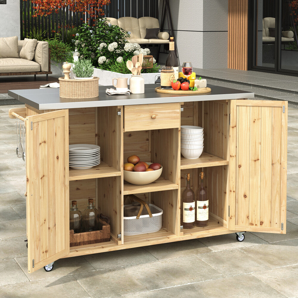 ya 28 Fir Wood Kitchen Island Outdoor w/Stainless Steel Top Ample Storage ,Natural