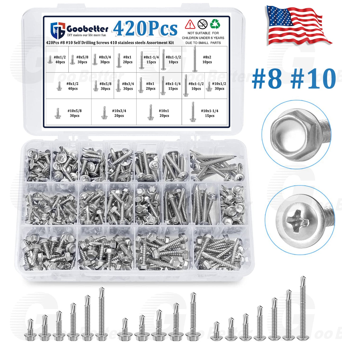 #8 #10 Self Tapping/Drilling Sheet Metal Screws Stainless Steel Assortment Kit