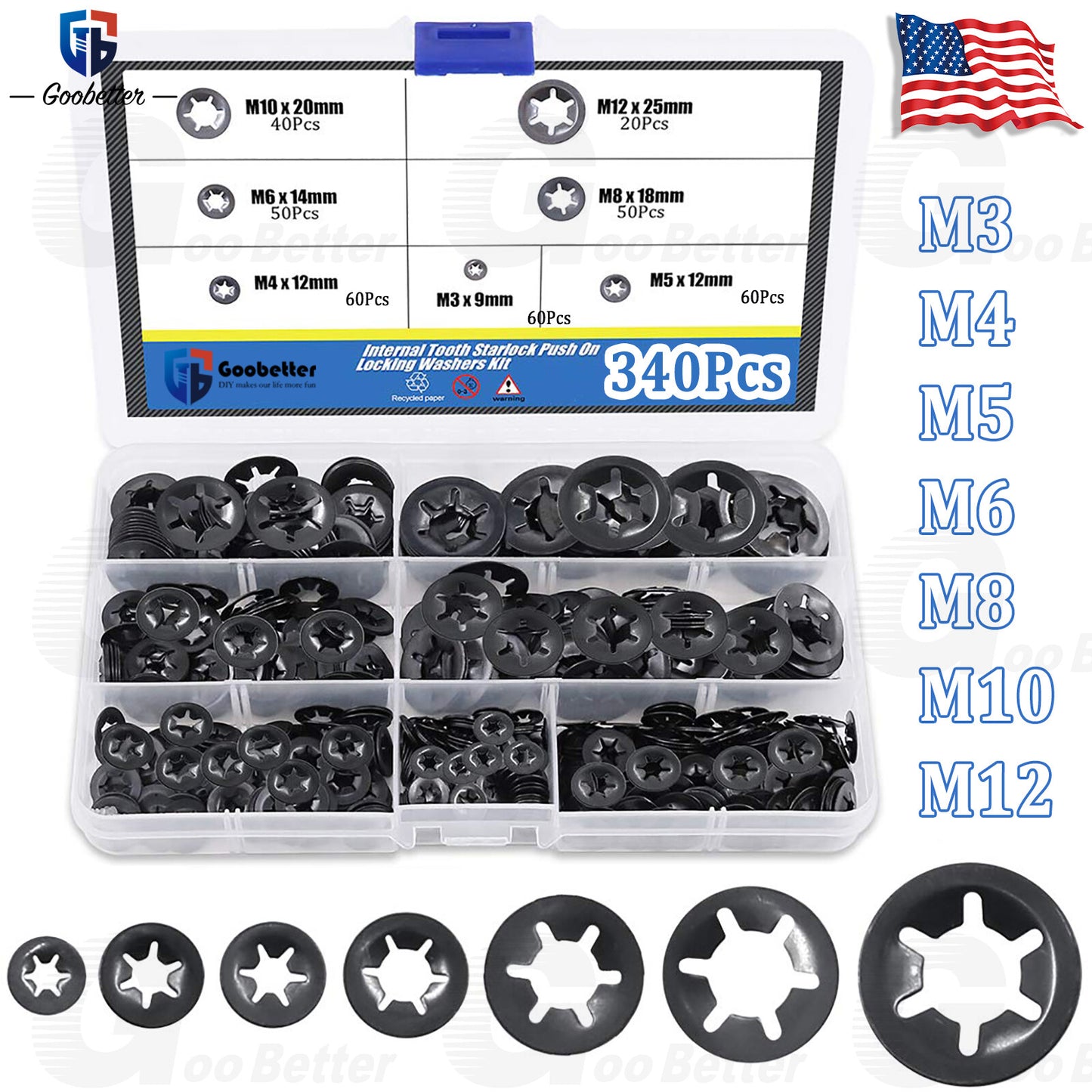 340 Pcs Internal Teeth Star Lock Spring Quick Washer Push-In Quick Nut Set Black