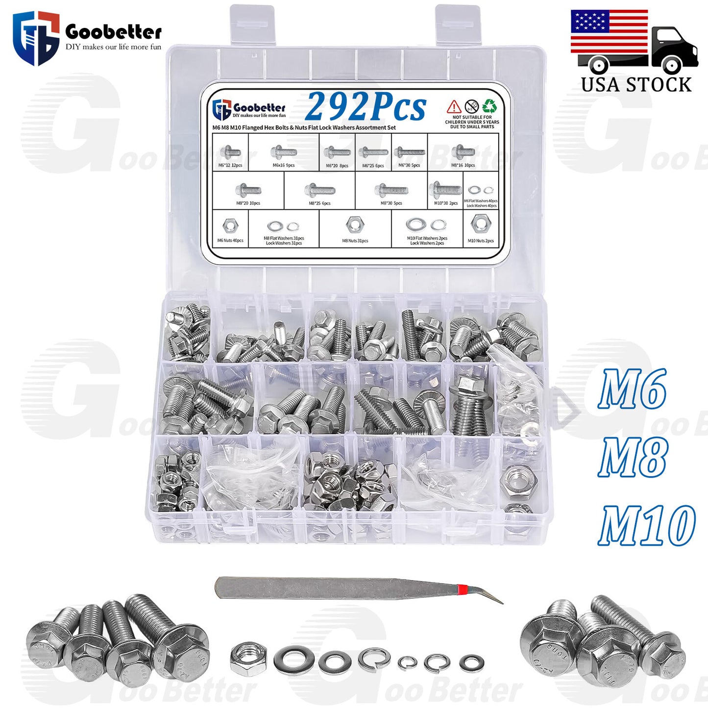292pcs Metric Screws Assortment kit, Hex Head Cap, Bolts Nuts Washers M6 M8 M10