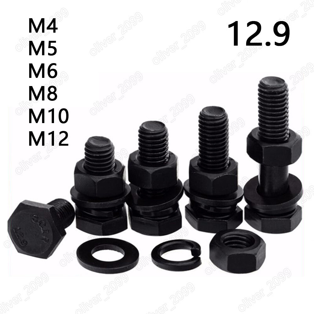 Black Steel Hex Bolts Cap Head Screws With Hex Nut Flat Spring Washers M4 M5-M12