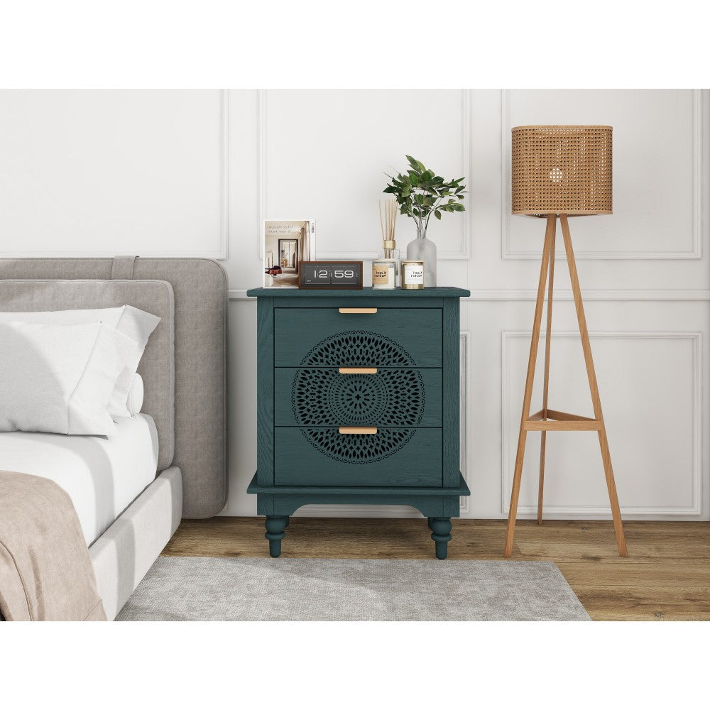 ya 28 Hollow-Carved Green 3-Drawer Dresser,Storage Chest w/Metal Handles for Bedroom