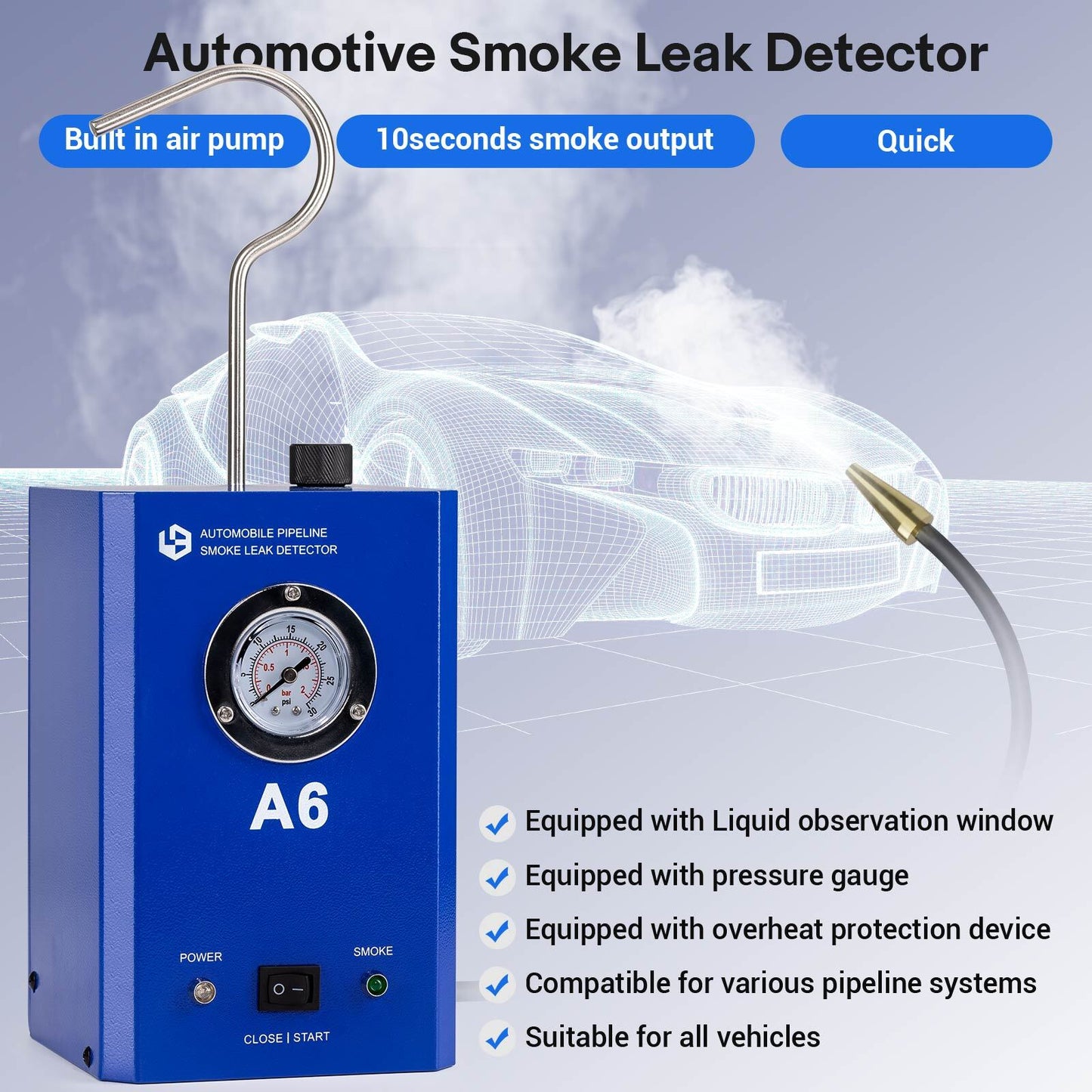 ya 1 7.4 A6 Automobile Pipeline Smoke Leak Detector with Pressure Gauge Test for Car ATV