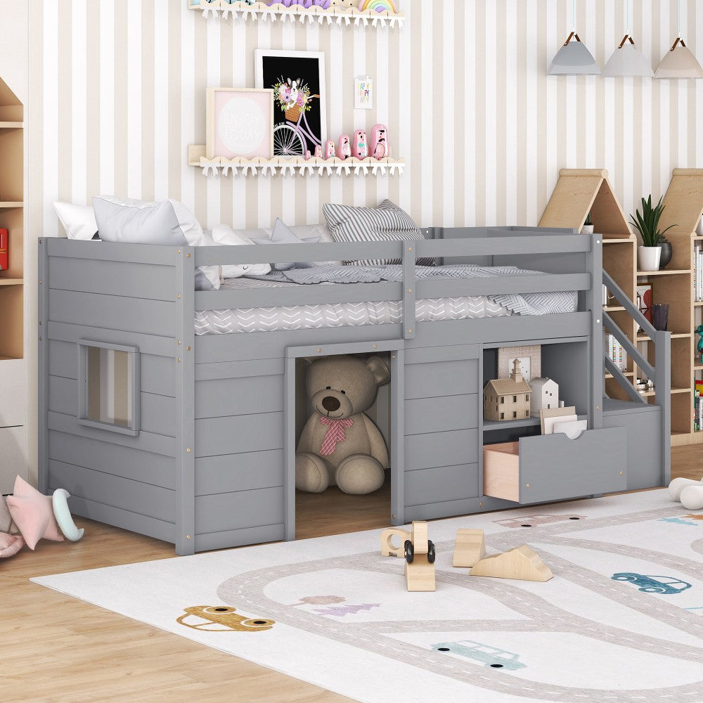 ya 28 Twin Low Loft Bed Gray with Stairs Solid Wood Twin Bed W/Drawer & Shelf