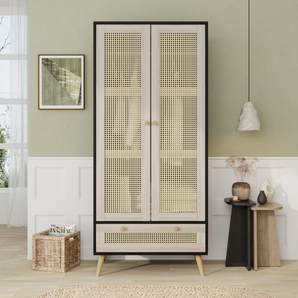 ya 28 For Bedroom Black 70.8 Tall Armoire Wardrobe,2 Rattan Doors, Hanging Rod