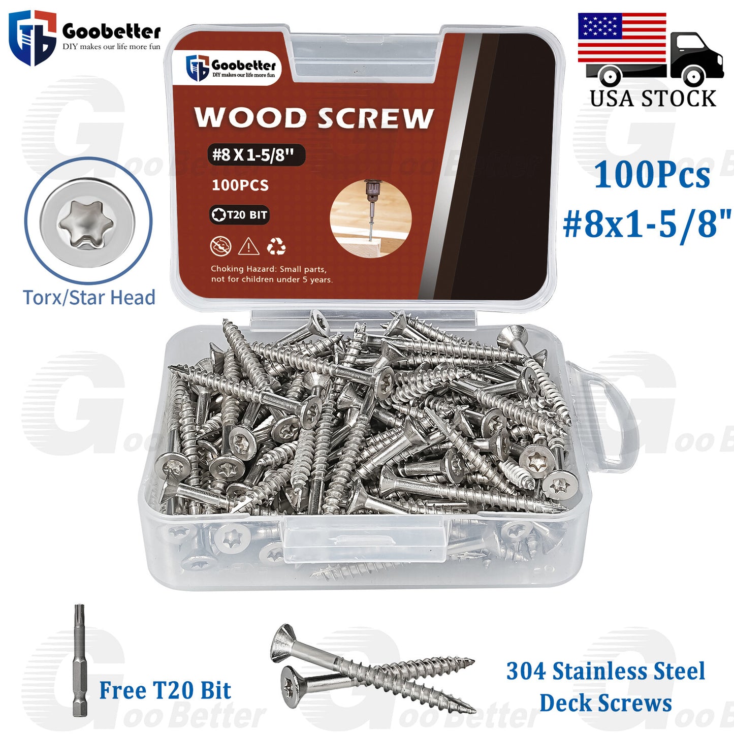 #8 x 1-5/8 Deck Screws T20 Torx Drive Self Tapping Wood Decking Fencing Screws