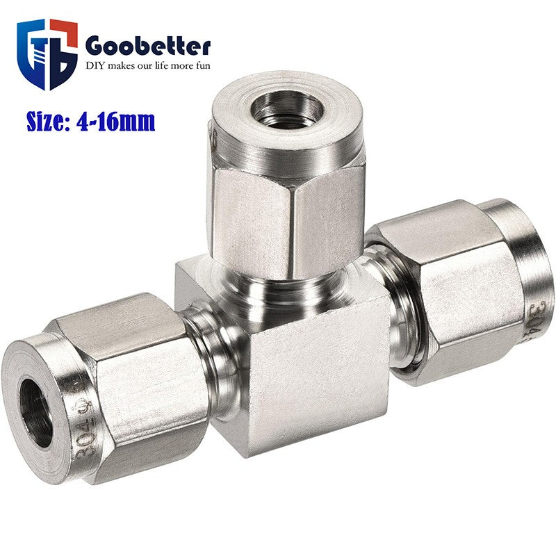304 Stainless Steel Pneumatic T-Tee Equal Dia. Double Ferrule Fitting 4-16mm