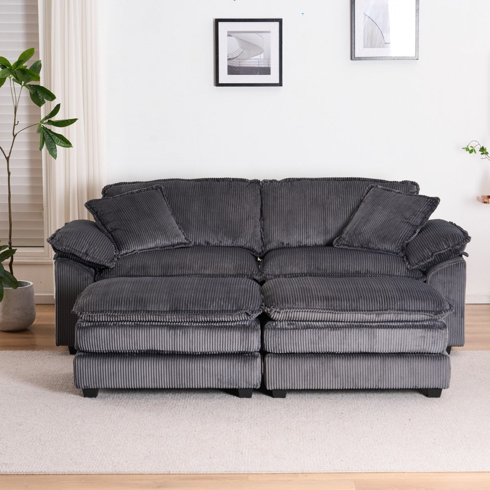 ya 28 Grey Corduroy 2-Seater Sofa Set Deep Seat Couch,2 Back&2 Toss Pillows,2 Ottomans