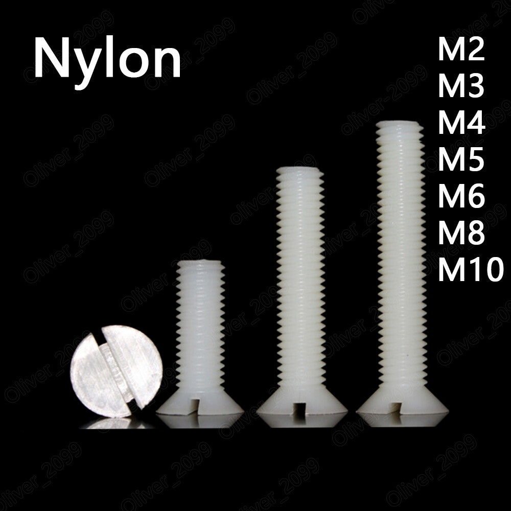 White Nylon Plastic Slotted Countersunk Flat Head Screws M2 M3 M4 M5 M6 M8 M10