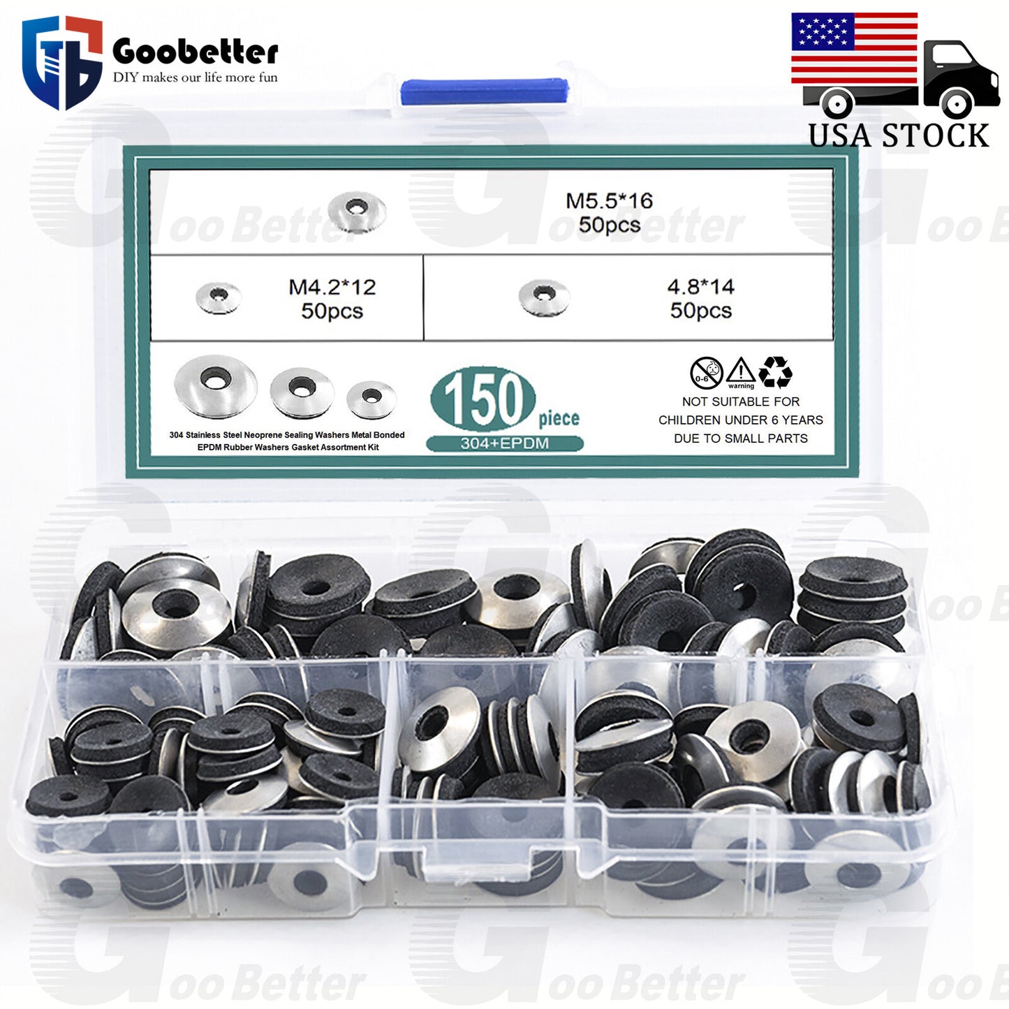 150Pcs 18-8 Stainless Steel Neoprene Bonded EPDM Sealing Washers Size #8 #10 #12