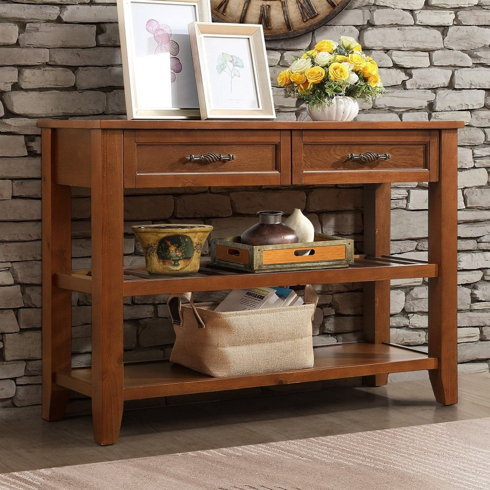 ya 28 Brown 42'' Solid Wood Console Sofa Table - 2 Drawers+Shelves, Buffet Sideboard