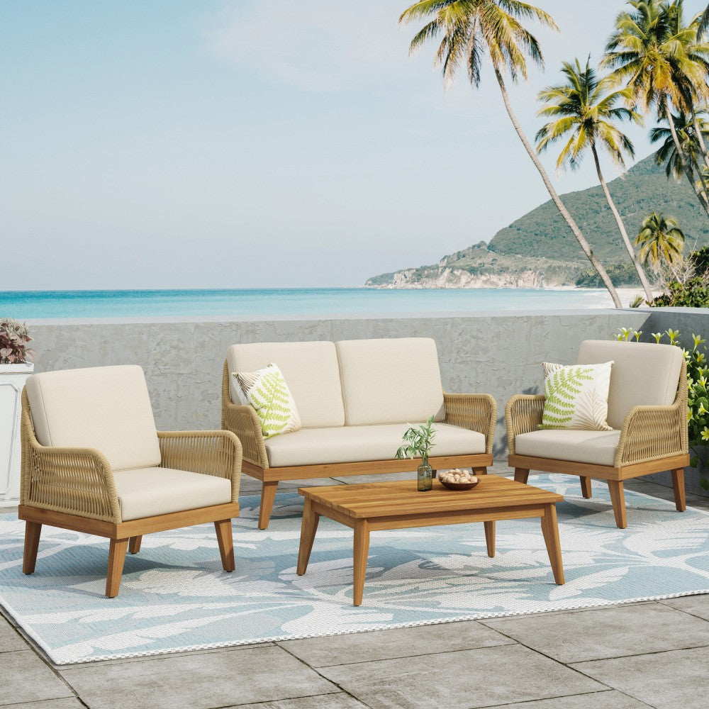 ya 28 Outdoor 4-Piece Acacia Wood Teak Chat Set,1 Loveseat+2 Club Chairs+1 Table