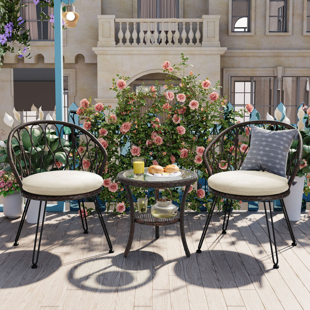 ya 28 Outdoor Rattan Patio 2 Chairs & Glass Round Table Set - For Balcony Courtyard