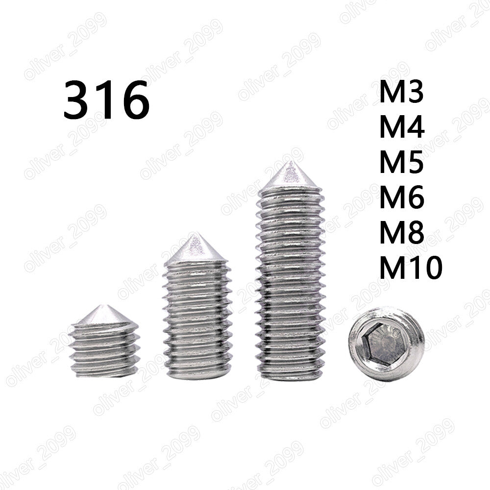 316 Stainless Steel Hex Socket Set Screw Cone Point Grub Screws M3 M4 M5 M6 M8