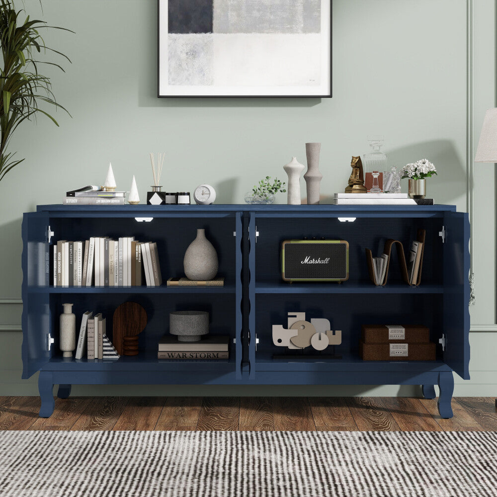 ya 28 Elegant Sideboard Cabinet 4-Door Wavy Doors Arched Groove Navy Adjustable Blue