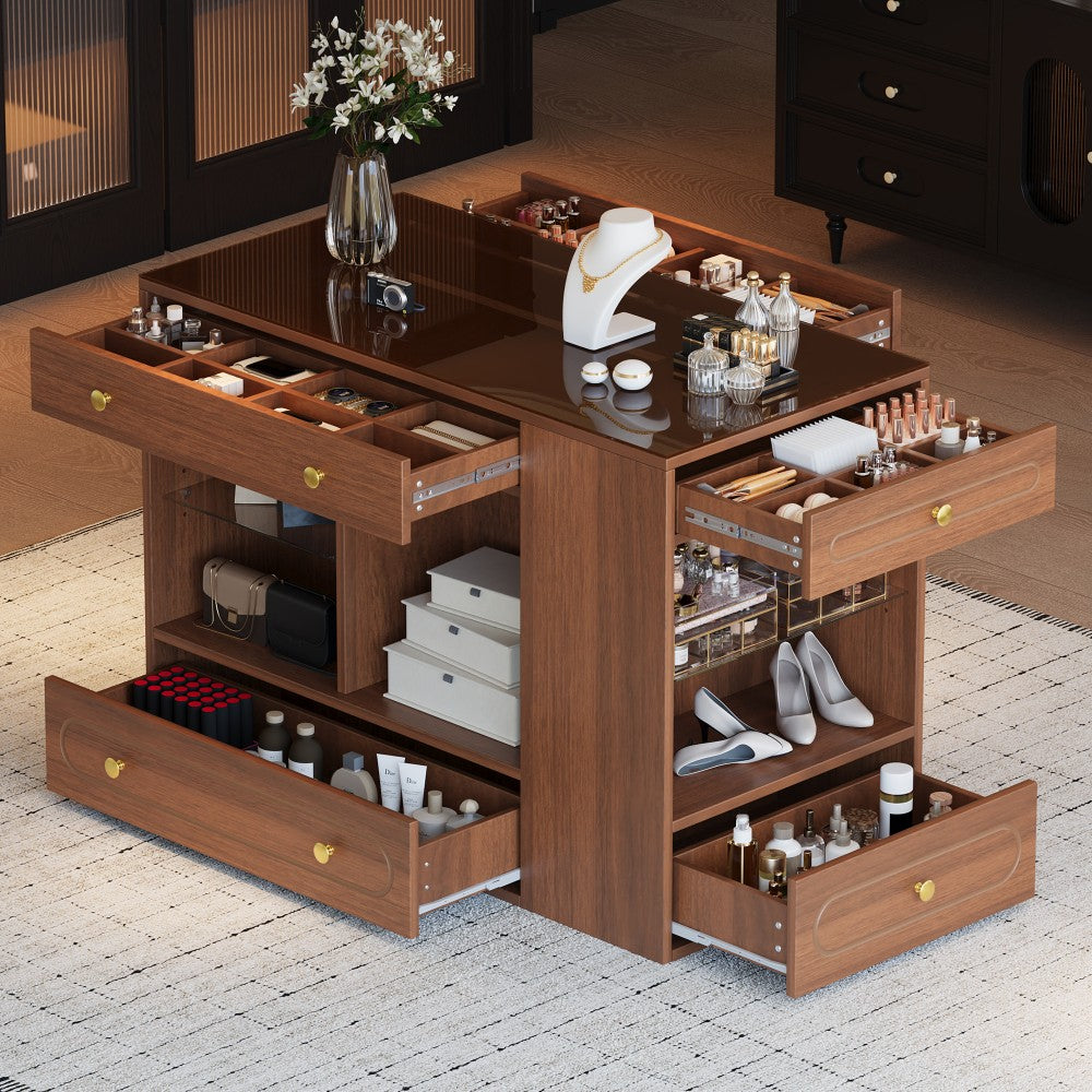 ya 28 For Walk-in Cloakroom Closet Island Walnut,6 Drawers, Glass Top, Open Shelves