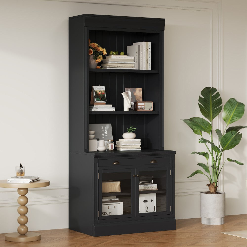 ya 28 83.4 Tall Modern Black Bookshelf - 2 Glass Doors, Open Shelves for Living Room