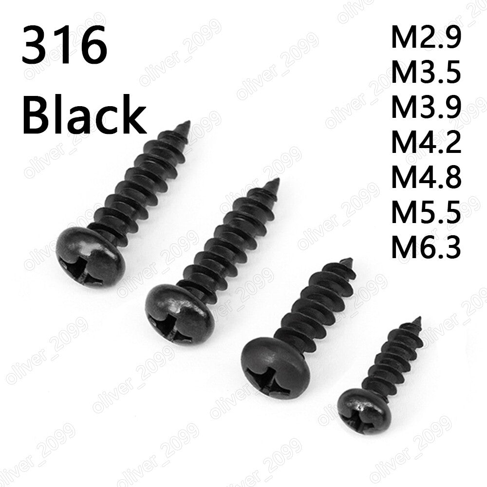 Black 316 Stainless Steel Phillips Pan Head Self Tapping Screws M2.9 M3.5 M4.2