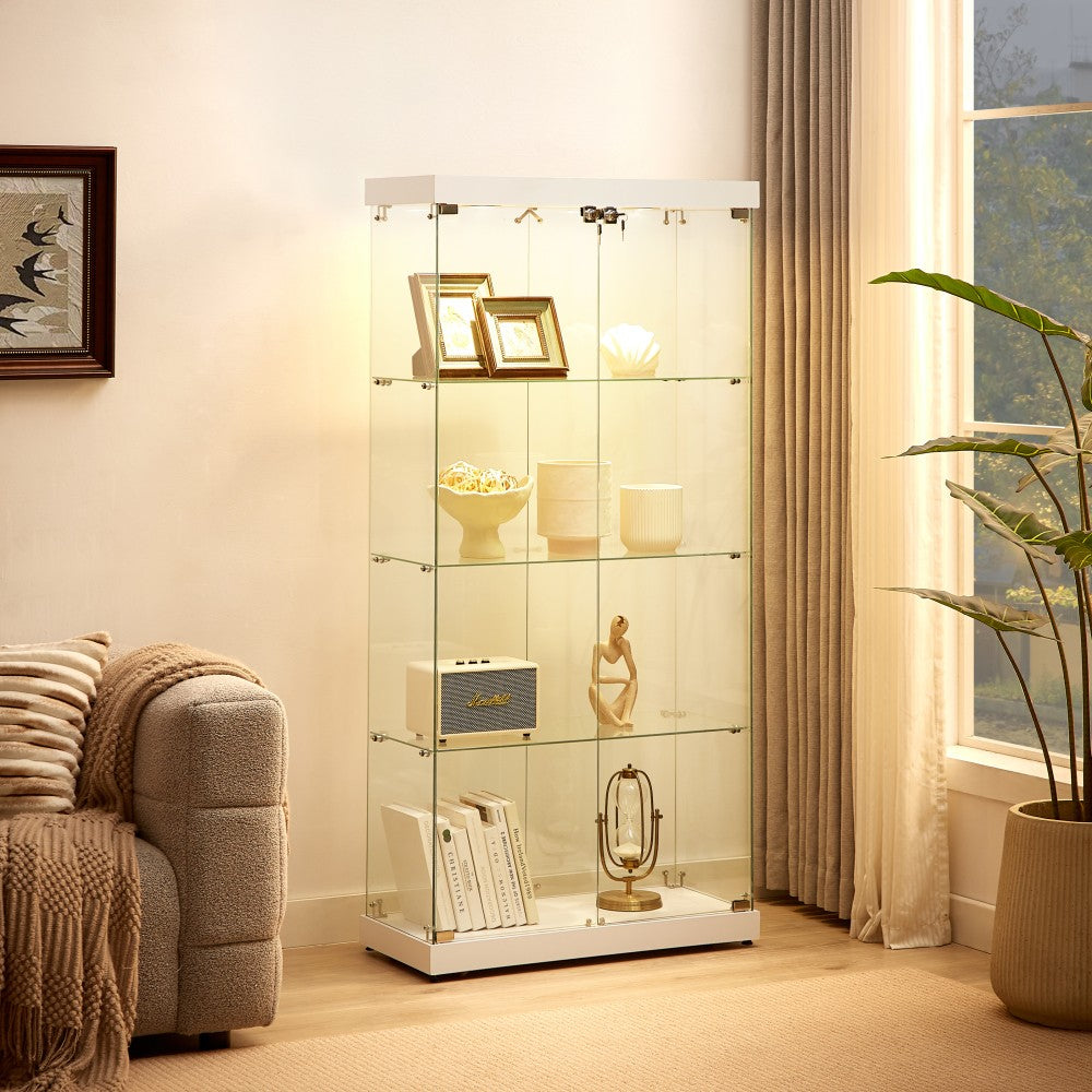 ya 28 Black 4-Tier Double Door Glass Display Cabinet - 2 Locks, 31.5Lx14.2Wx66.3H