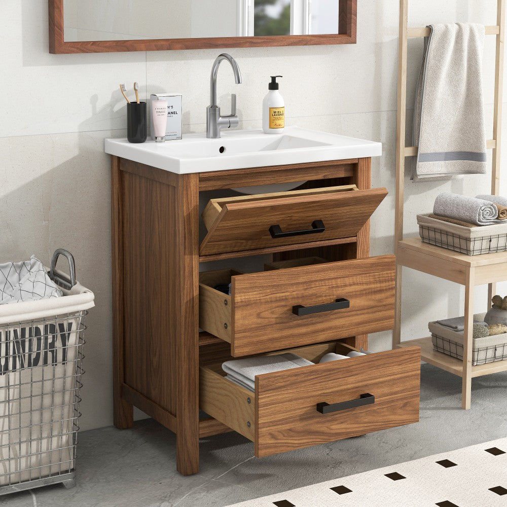 ya 28 24'' Bathroom Vanity Modern with Ceramic Basin - 3 Drawers Cabinet, Single Sink