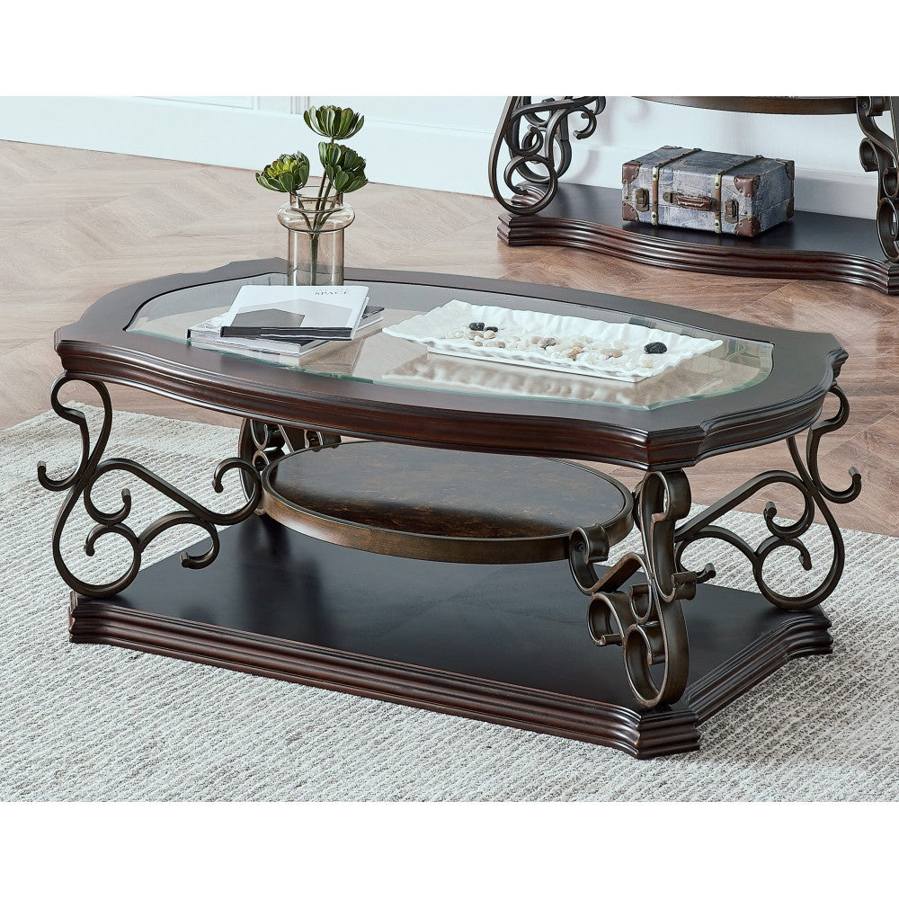 ya 28 Glass Top Sofa Table 54Lx20Wx30H, MDF w/Marble Paper Shelf, Metal Legs,Brown