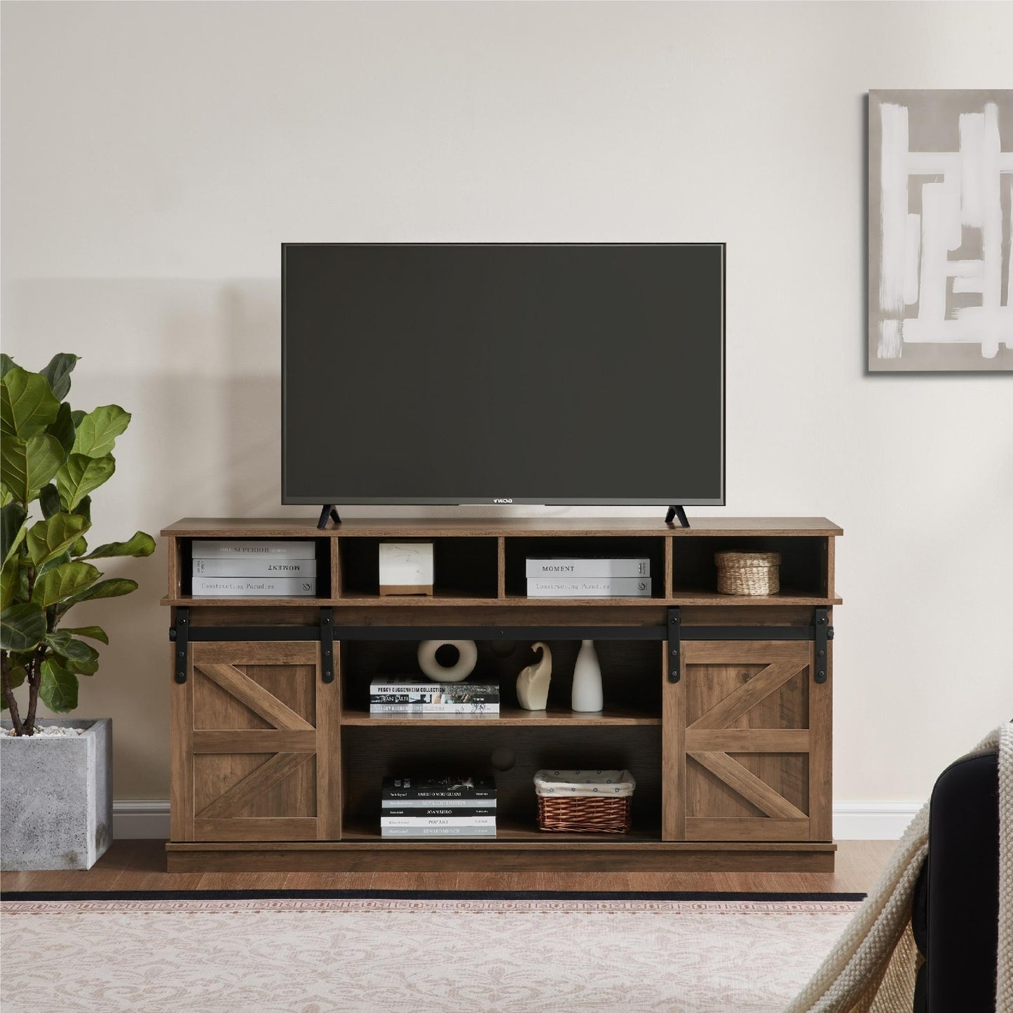 ya 28 Farmhouse TV Stand Modern w/Sliding Barn Door & Adjustable Shelves - Brown