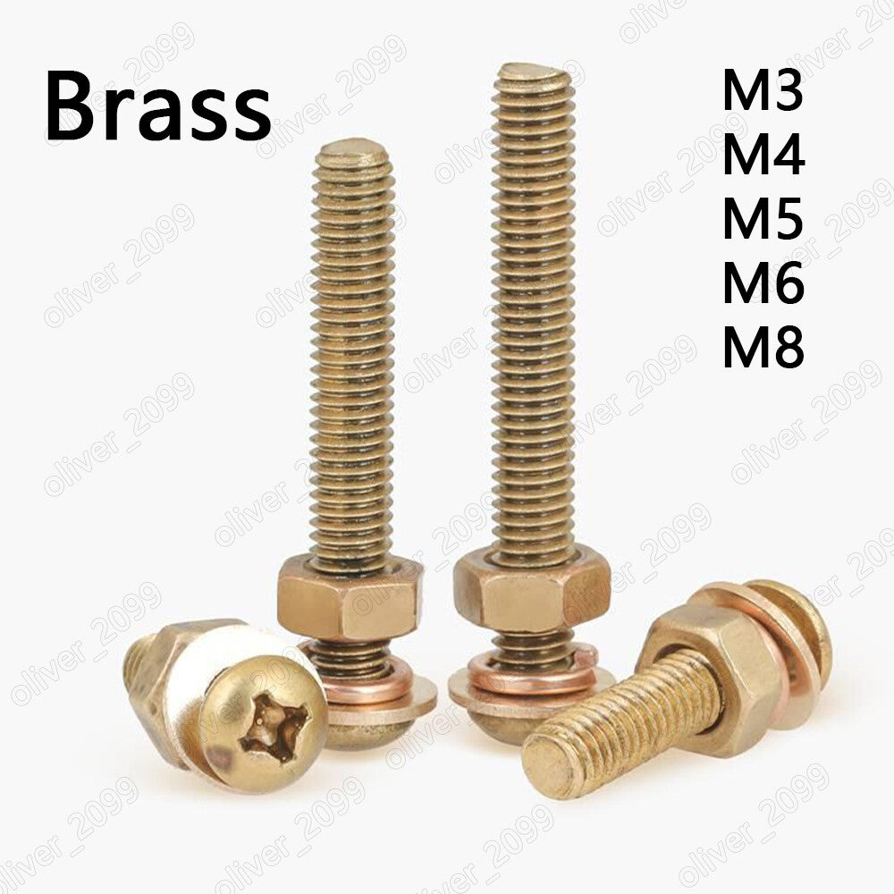 Brass Phillips Pan Head Screws With Hex Nuts Flat Washers Spring Washers M3-M8