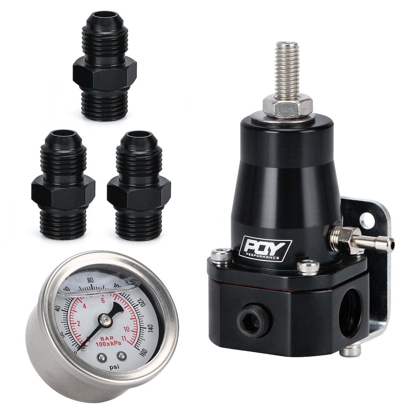 ya 10 5.29 FPR AN6 14-36PSI Fuel Pressure Regulator with Gauge BLACK Aluminum Adjustable