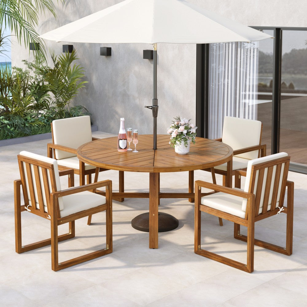 ya 28 5-Piece Beige Patio Acacia Wood Dining Furniture Set , 4 Armchairs & Table