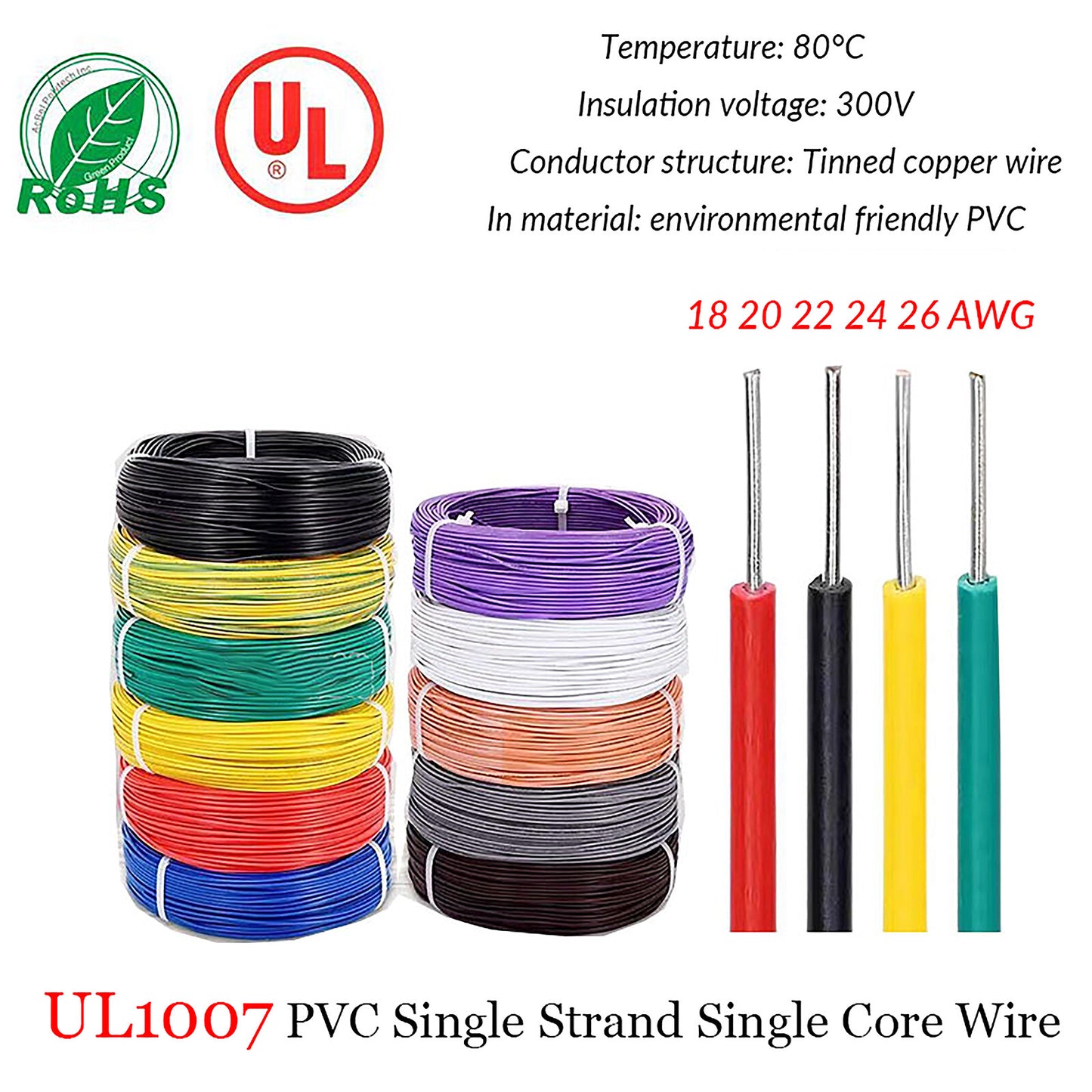 UL1007 Single Core Wire Cable 18-26 AWG Tinned Copper Cable Various Colours PVC