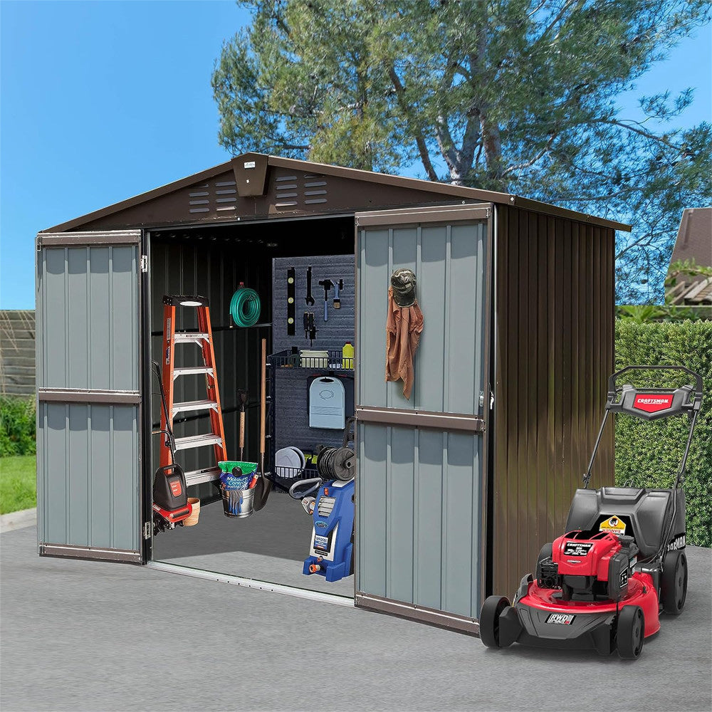 ya 28 8.2x6.2' Metal Storage Shed, Double Lock Doors & Air Vents, for Backyard Brown
