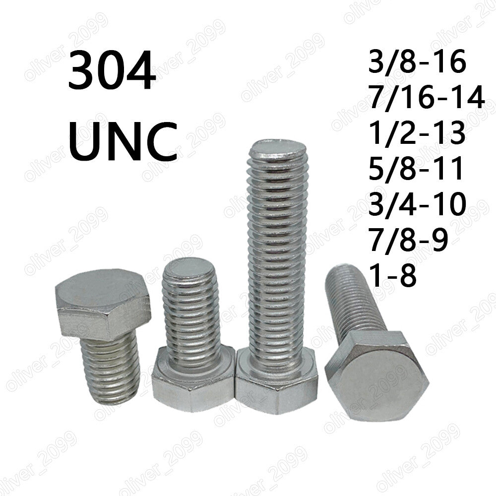 304 Stainless Steel Hexagon Bolts Hex Head Cap Screws 3/8 7/16 1/2 5/8 3/4 7/8 1