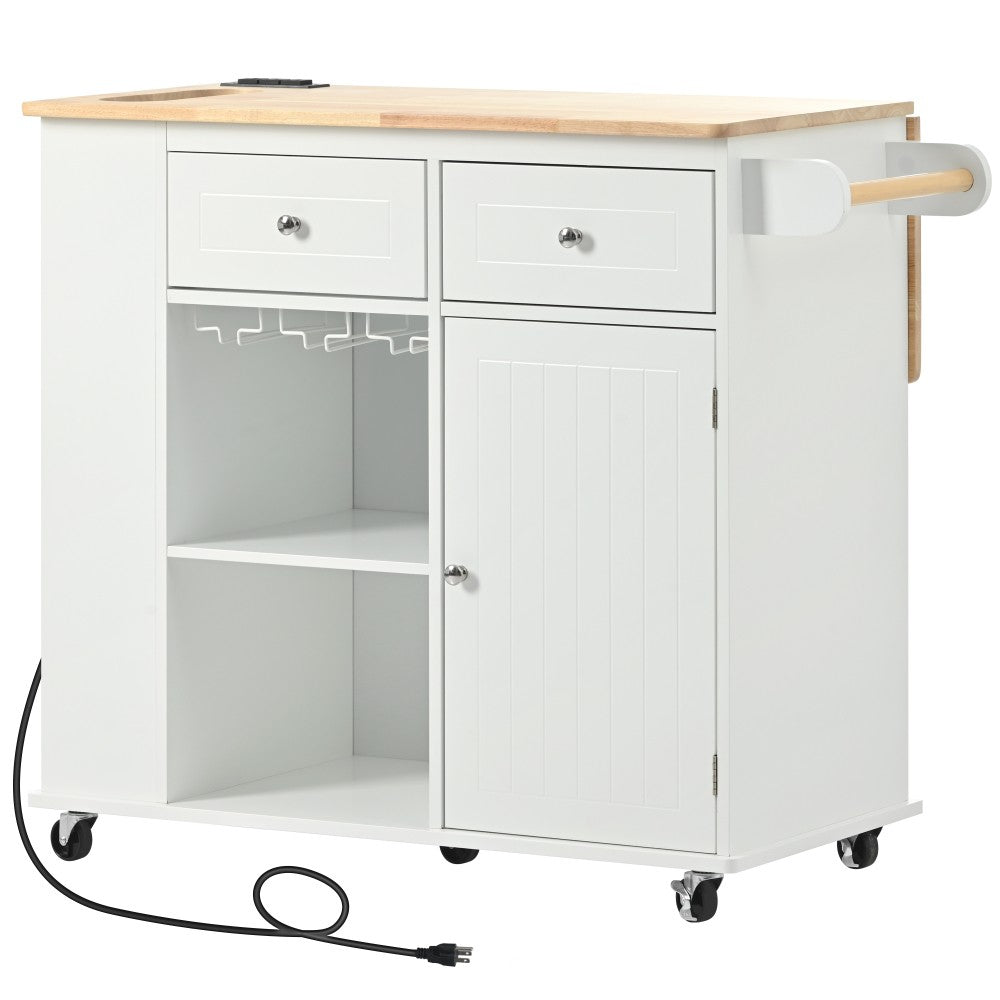 ya 28 Kitchen Island White ÿ Rubber Wood, Open Storage+Wine Rack, Adjustable Storage