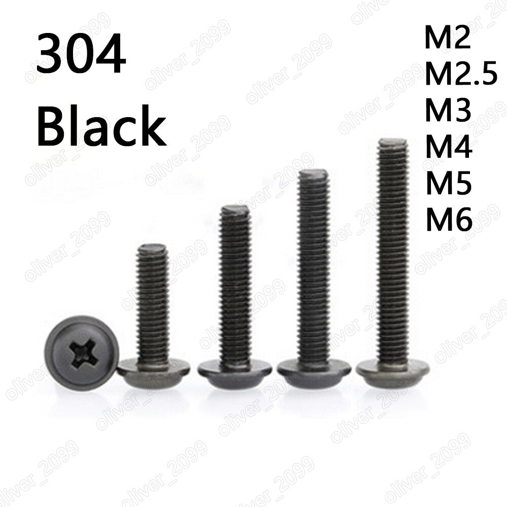 Black 304 Stainless Steel Phillips Pan Head Screws With Collar M2 M3 M4 M5 M6