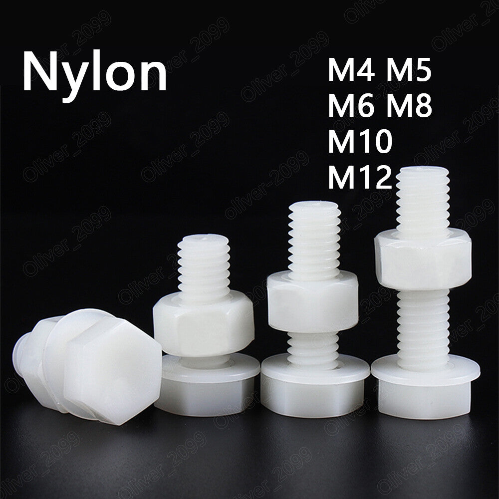 White Nylon Hexagon Head Screws With Hex Nuts Flat Washers M4 M5 M6 M8 M10 M12