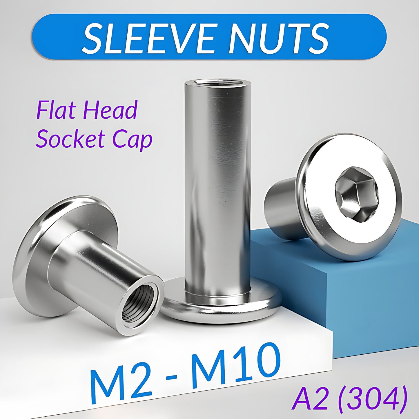 M2 - M10 Sleeve Nuts A2 304 Stainless Flat Head Socket Cap Nut Furniture Joint