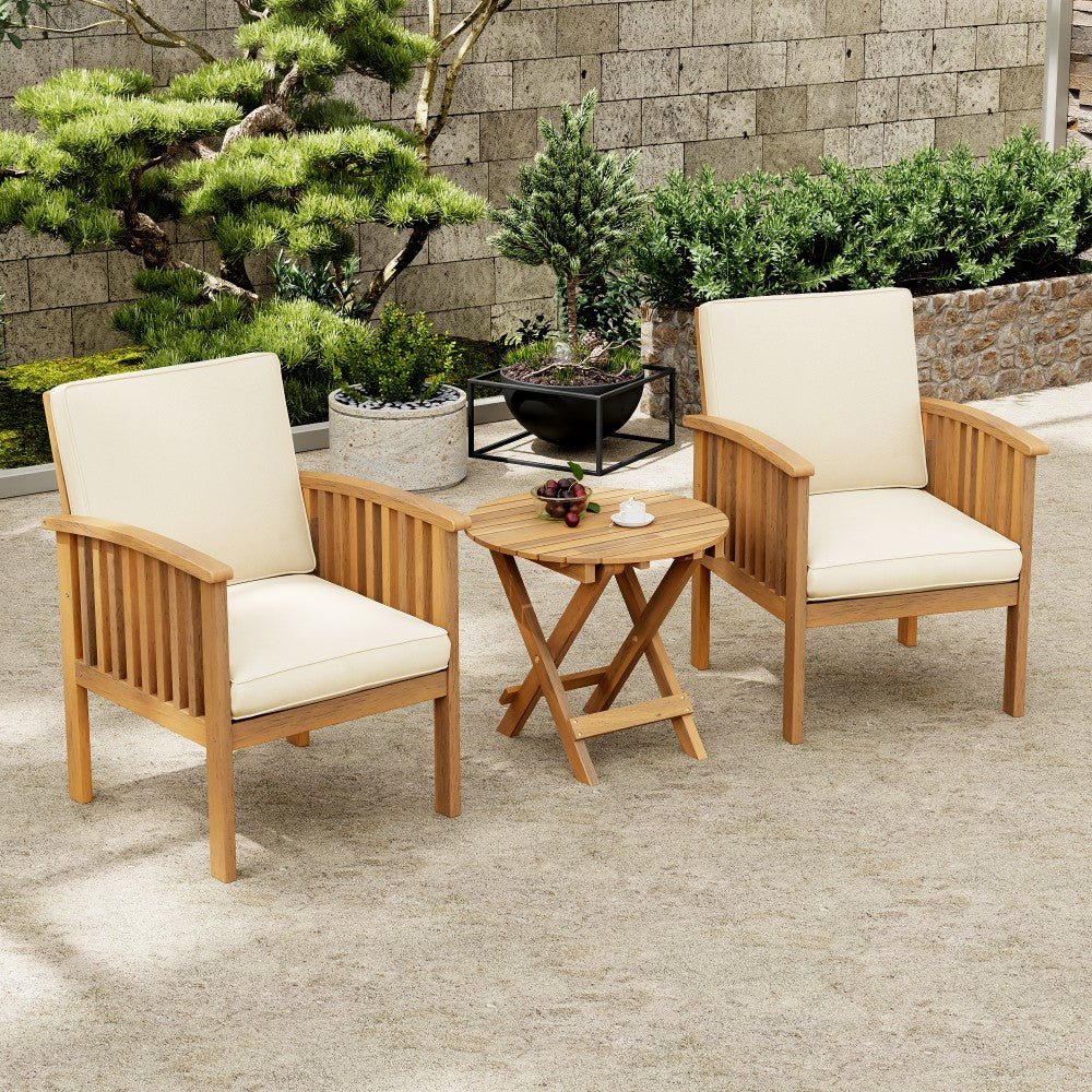 ya 28 Outdoor Brown Acacia Wood Patio Set ÿ Modern Club Chairs, Foldable End Table
