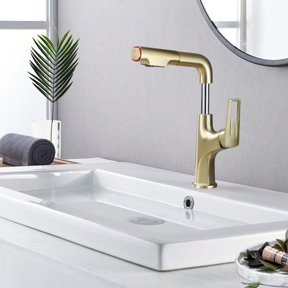 ya 28 Brushed Gold Pull-Down Vessel Faucet - Lift Spout,Single Hole, Dual Spray Modes