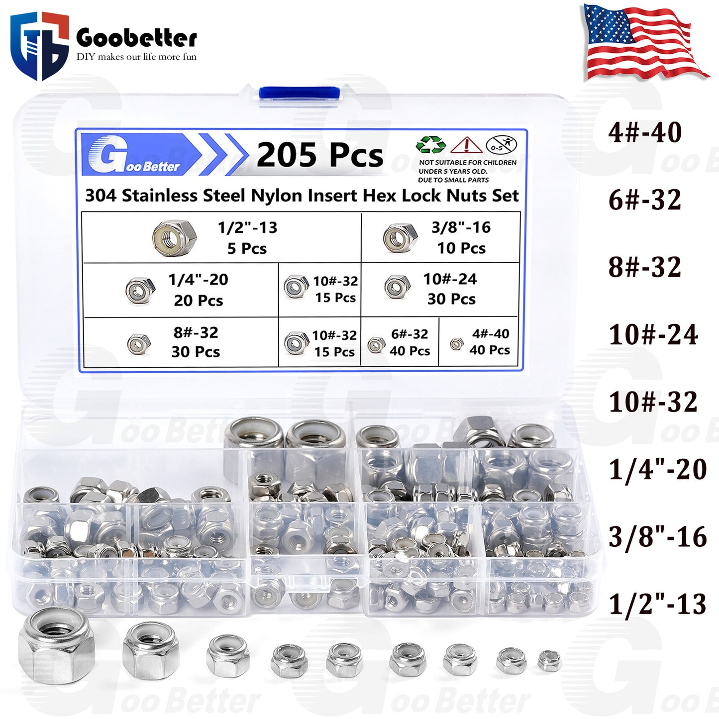 205pcs SAE Nylock Nylon Inserted Hex Lock Nuts Assortment Kit A2 Stainless Steel