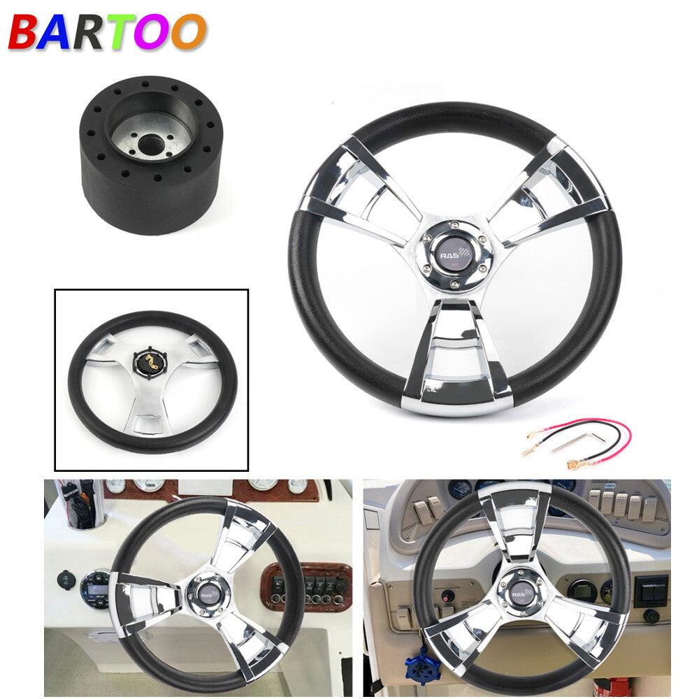ya 1 7.4 13.5 Chrome Black Marine Boat Steering Wheel + Hub Adapter 3/4 Keyway 3 Spoke