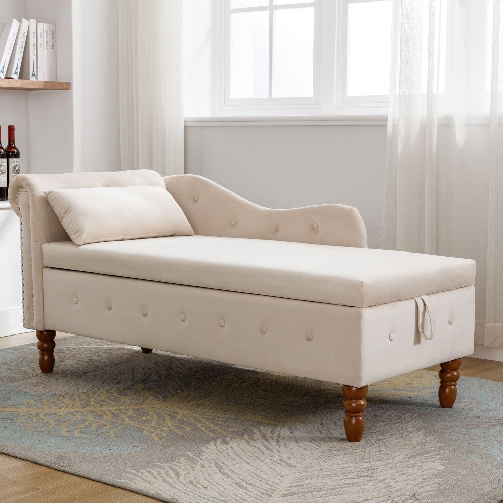 ya 28 Beige Modern Velvet Indoor Chaise Lounge ÿ Storage & Pillow, Nailhead Trim