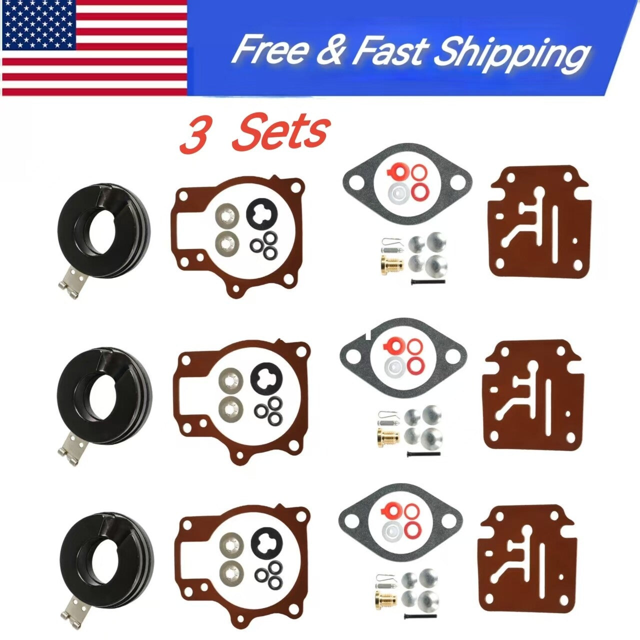 ya 1 7.7 3 Sets Carburetor Rebuild Repair Kit w/ Float For Johnson Evinrude 65 70 75 HP