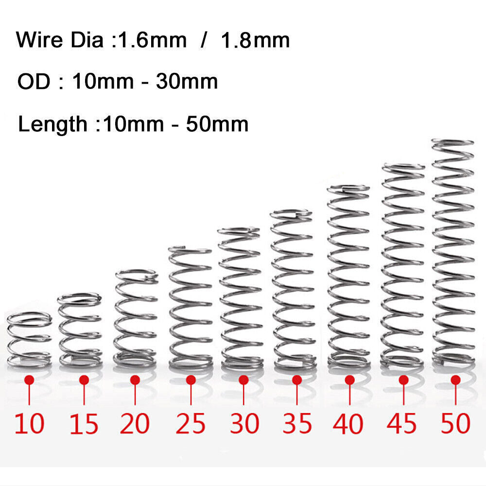 10Pcs Wire Dia 1.6mm / 1.8mm 304 Stainless Steel Compression Spring OD 10mm-30mm